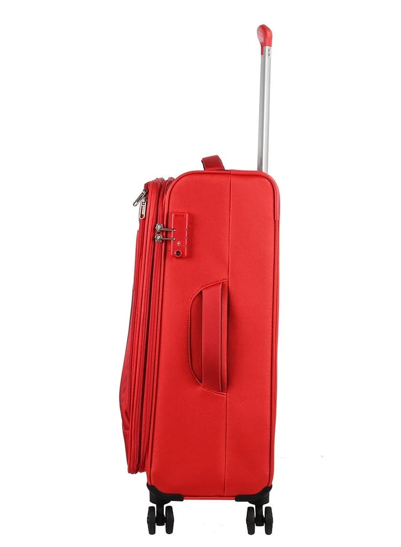AMERICAN TOURISTER Marina Suitcase, Check-In Size 70 cm / 26 inch, 4 Spinner Wheels, Soft Top, 100% Polyester, Red|Inner Mesh Zippered Pocket|Expandable|TSA Lock|Voluminous Front Pocket - 3 Years International Warranty